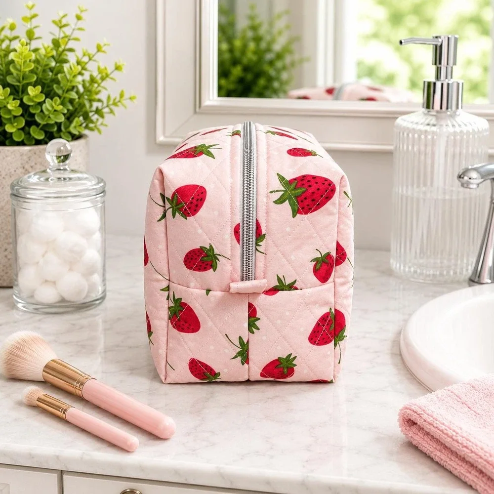 Strawberry Makeup Bag, Quilted Cosmetic Bag, Travel Toiletry Bag, Organizer Bag